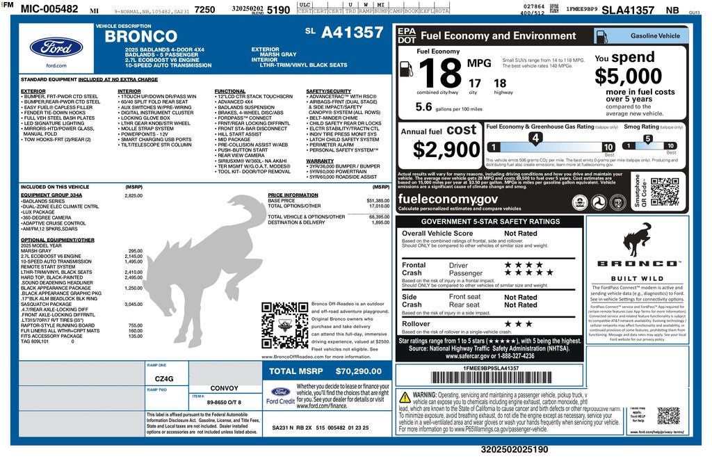 2025 Ford Bronco Badlands 4WD | 360 Cam | Sasquatch Pkg | Black Appear Pkg