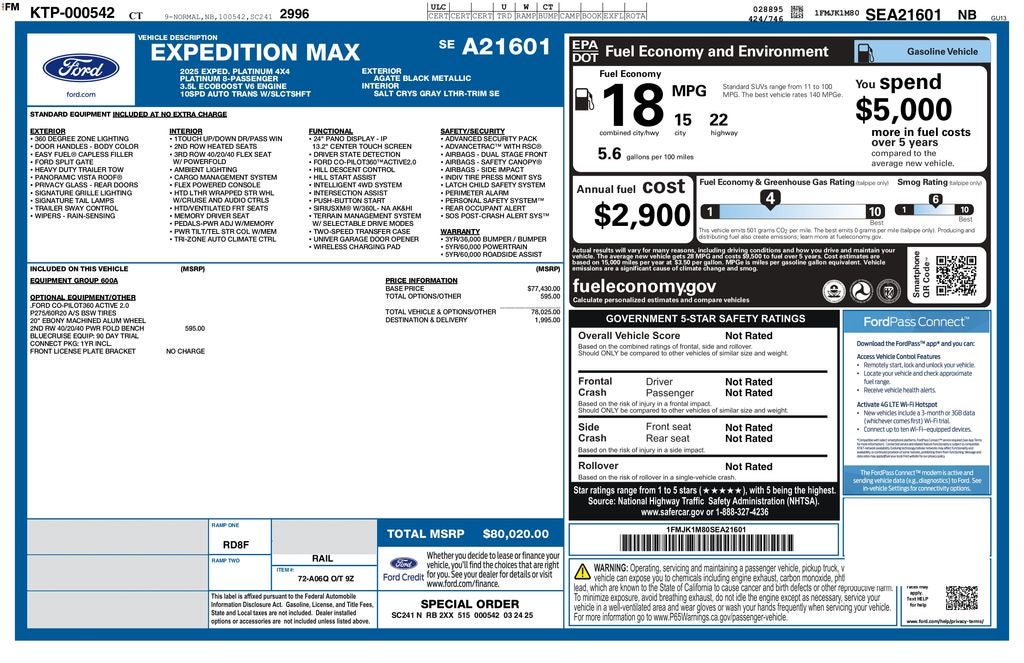 2025 Ford Expedition Max Platinum 4WD | Pano Roof | 360 Cam | BLIS | HD Tow Pkg