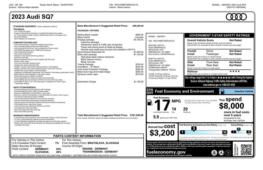 2023 Audi SQ7 Prestige quattro | Pano Moonroof | Prestige Pack | Black Op
